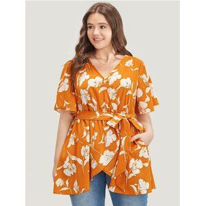 NWT BloomChic Orange Floral Pocket Wrap Ruffles Asymmetrical Hem Blouse 10/M